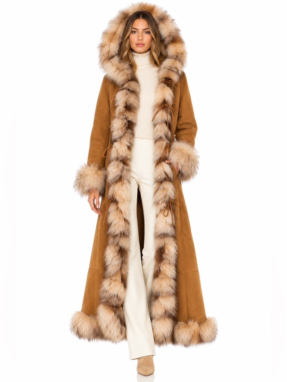 Shearling Original Shearling Robrik Italian Suede Leather Fox Fur coat Hooded